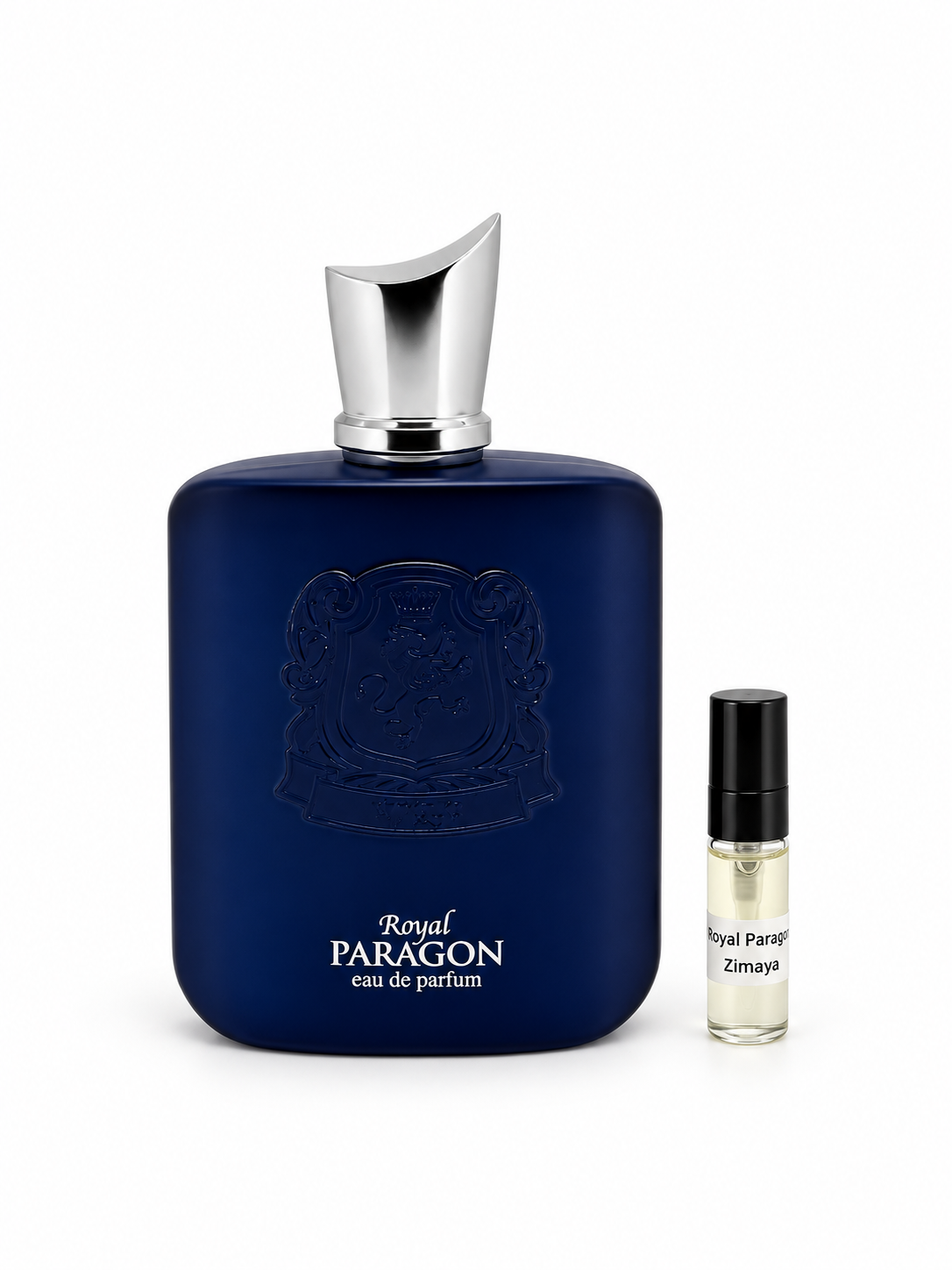Zimaya Royal Paragon fragrance bottle and black-capped sample vial on white