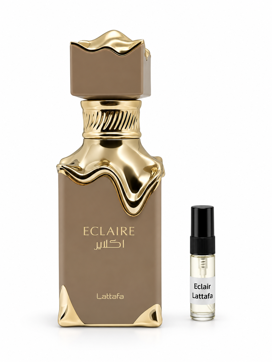 Lattafa Eclaire fragrance bottle and black-capped sample vial on white