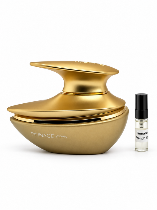 French Avenue Pinnace Oryn fragrance bottle and black-capped sample vial on white