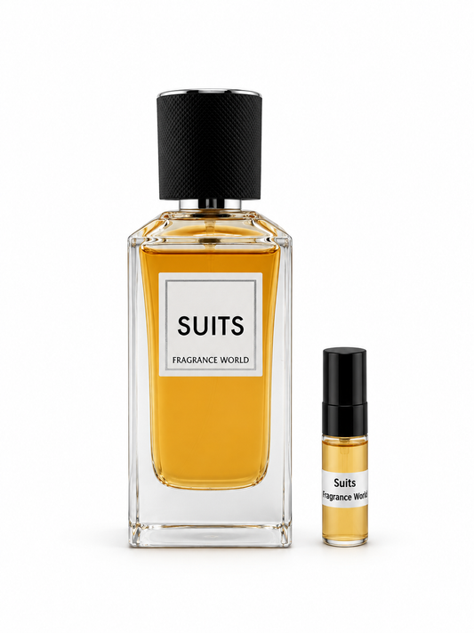 Fragrance World Suits fragrance bottle and black-capped sample vial on white