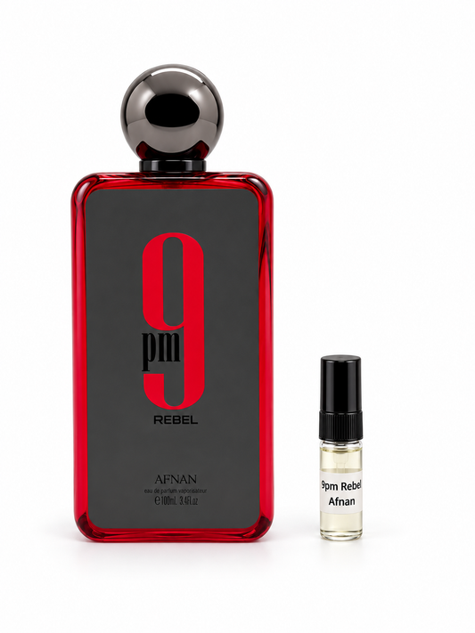 Afnan 9pm Rebel fragrance bottle and black-capped sample vial on white