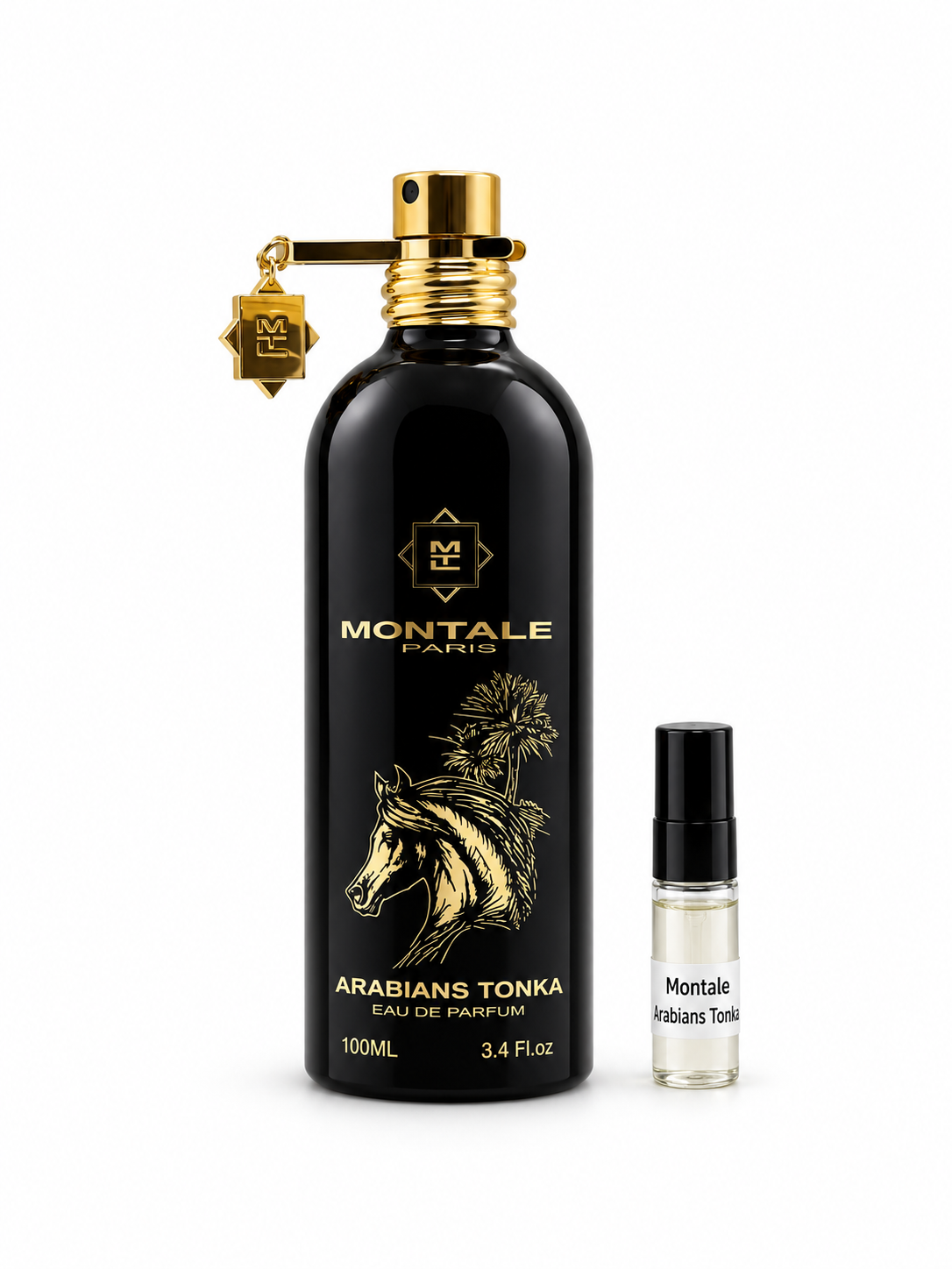 Montale Arabians Tonka fragrance bottle and black-capped sample vial on white