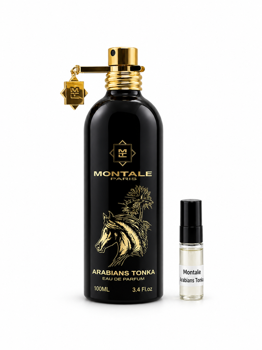 Montale Arabians Tonka fragrance bottle and black-capped sample vial on white
