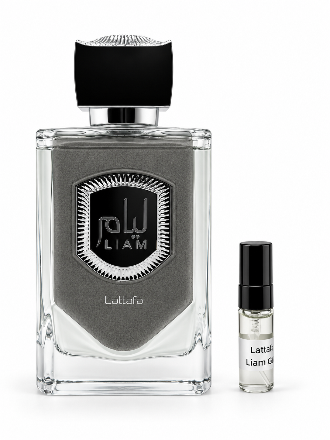 Lattafa Liam grey fragrance bottle and black-capped sample vial on white