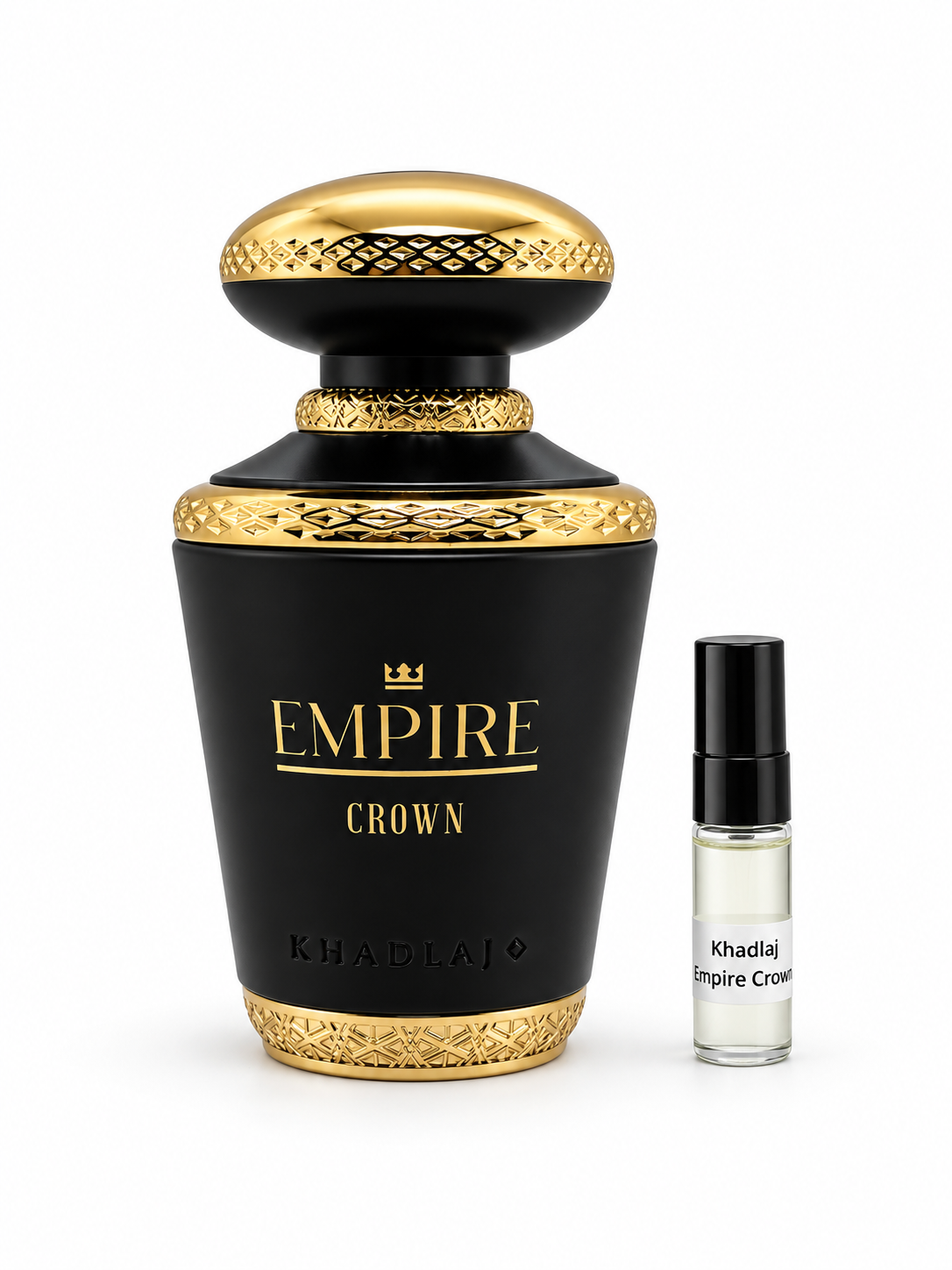 Khadlaj Empire Crown fragrance bottle and black-capped sample vial on white