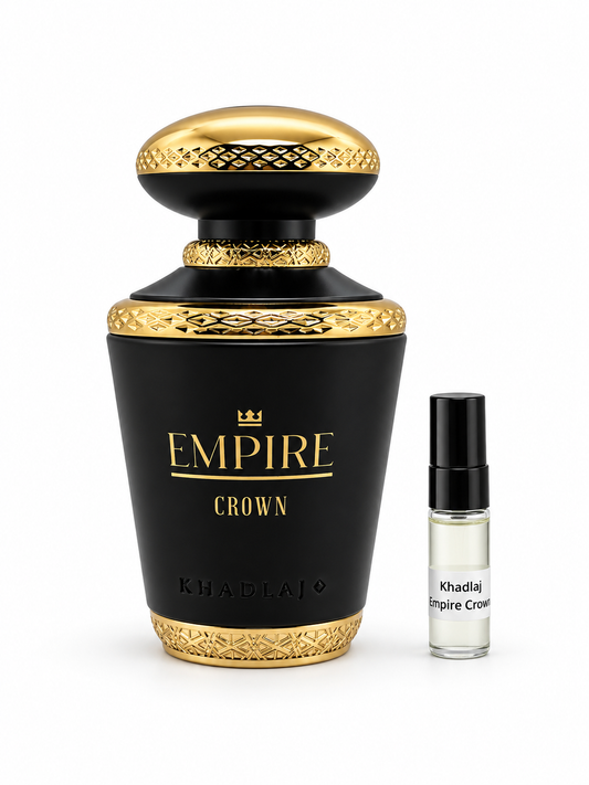 Khadlaj Empire Crown fragrance bottle and black-capped sample vial on white