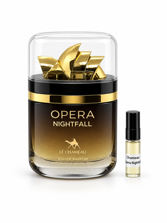 Le Chameau Opera Nightfall fragrance bottle and black-capped sample vial on white