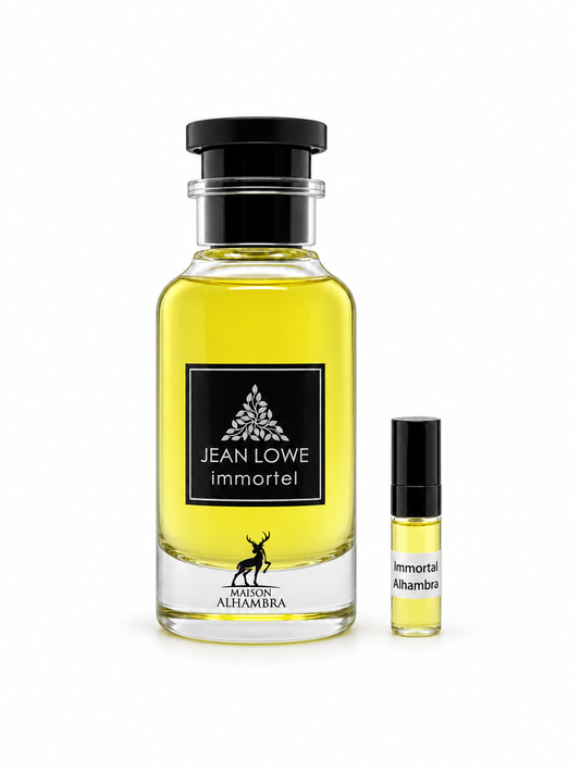 Maison Alhambra Jean Lowe Immortal fragrance bottle and black-capped sample vial on white