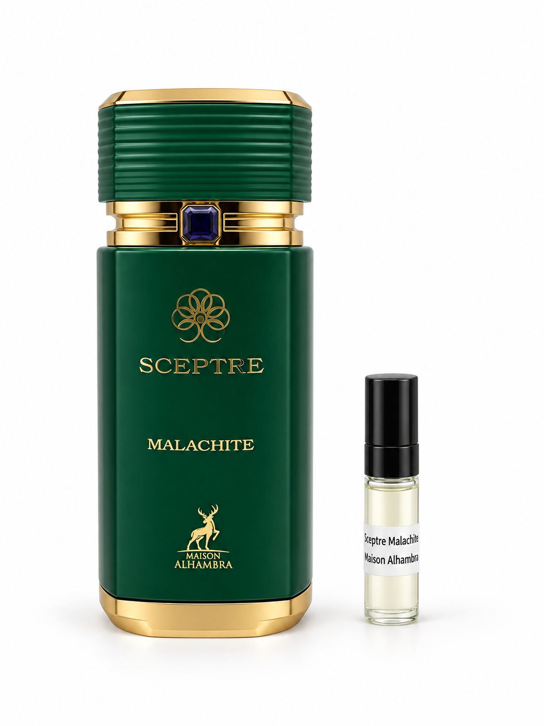 Maison Alhambra Sceptre Malachite fragrance bottle and black-capped sample vial on white