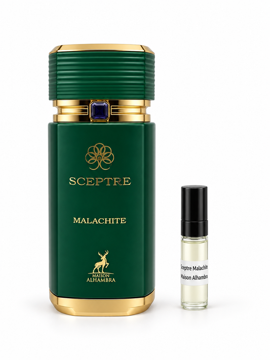 Maison Alhambra Sceptre Malachite fragrance bottle and black-capped sample vial on white
