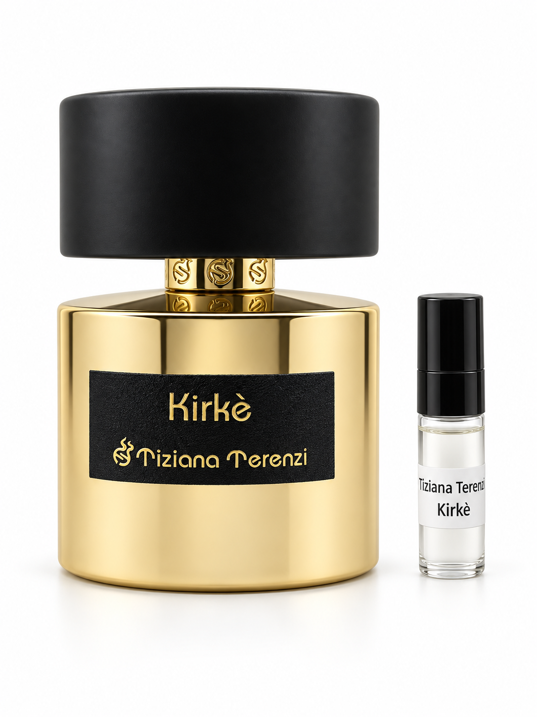 Tiziana Terenzi Kirké fragrance bottle and black-capped sample vial on white