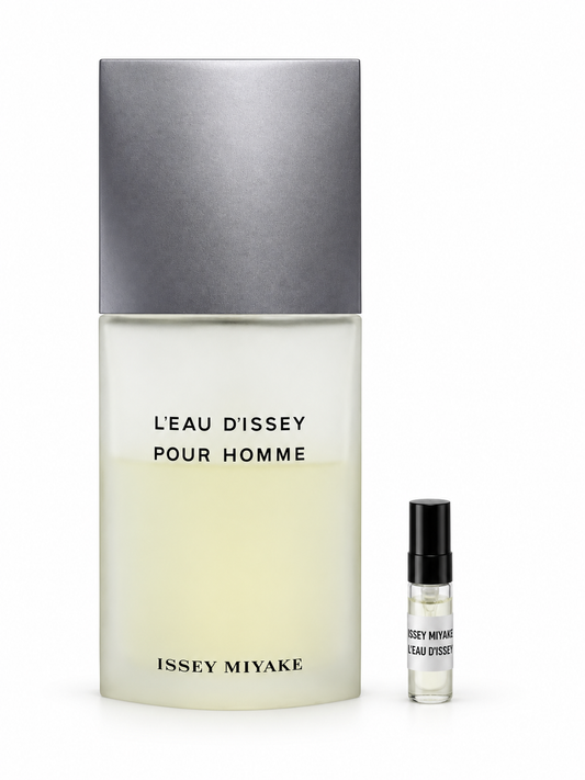 L'Eau d'Issey Pour Homme Issey Miyake fragrance bottle and black-capped sample vial on white