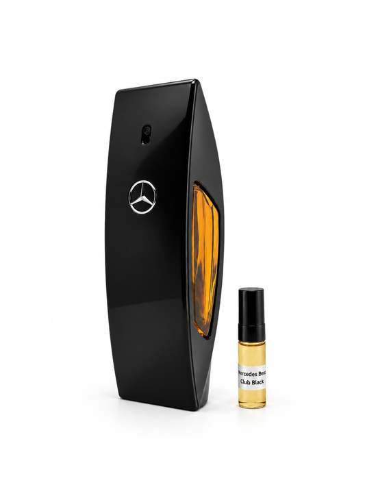 Mercedes Benz Club Black fragrance bottle and black-capped sample vial on white