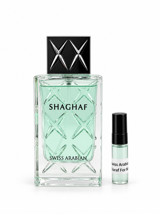 Shaghaf Men Swiss Arabian fragrance bottle and black-capped sample vial on white