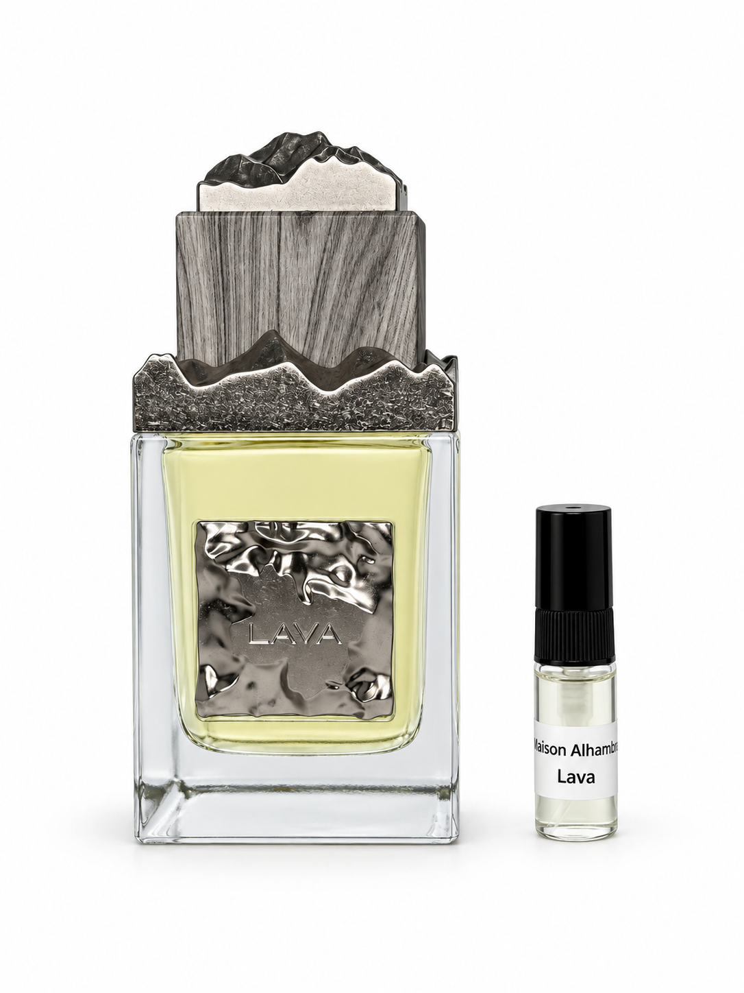 Maison Alhambra Lava fragrance bottle and black-capped sample vial on white