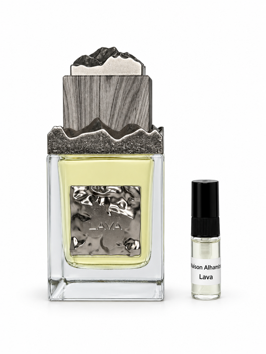 Maison Alhambra Lava fragrance bottle and black-capped sample vial on white