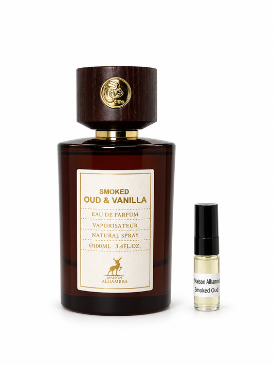 Maison Alhambra Smoked Oud & Vanilla fragrance bottle and black-capped sample vial on white