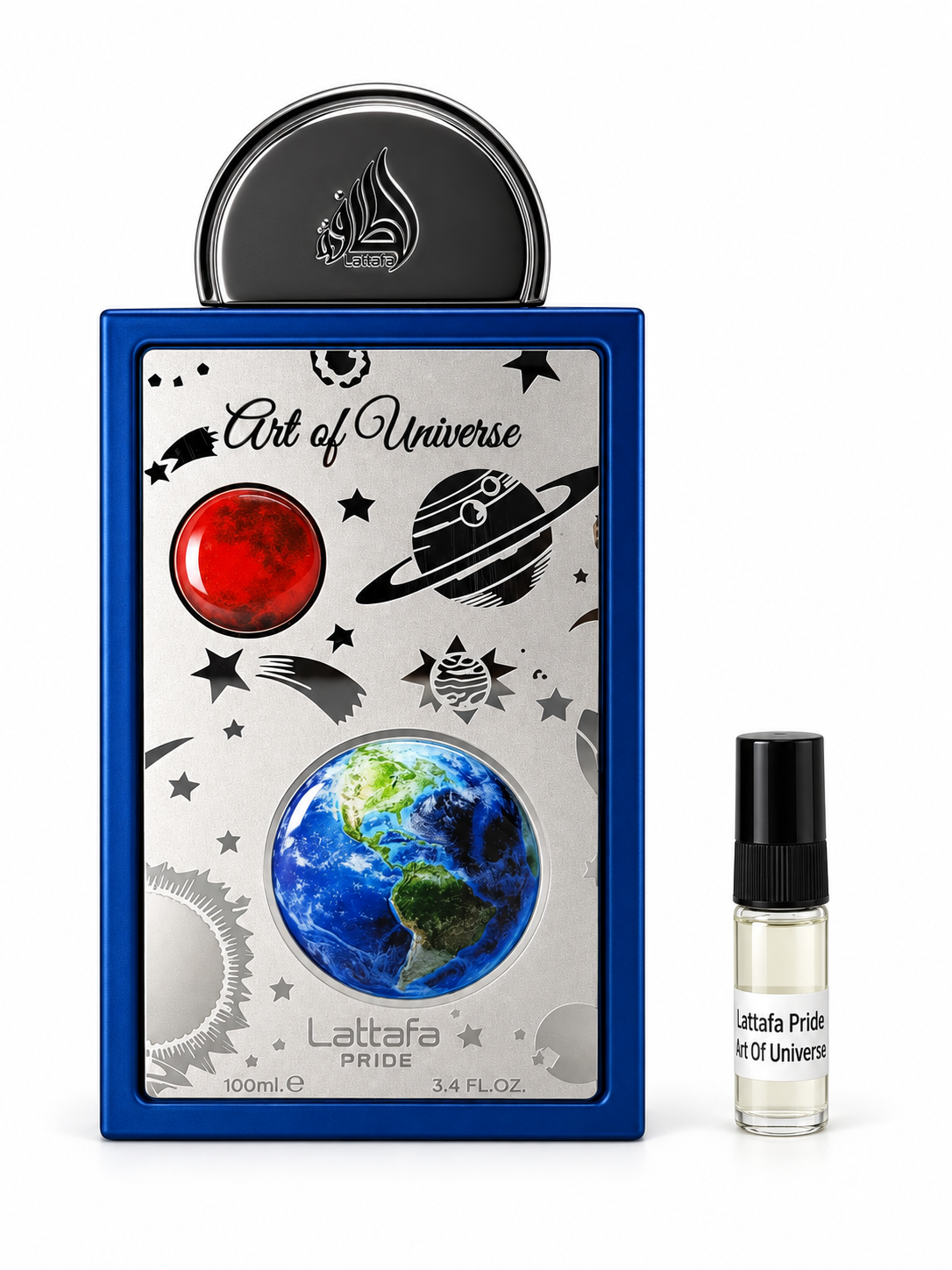 Lattafa Art Of Universe fragrance bottle and black-capped sample vial on white