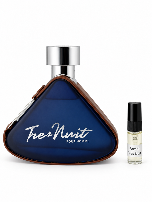 Armaf Tres Nuit fragrance bottle and black-capped sample vial on white