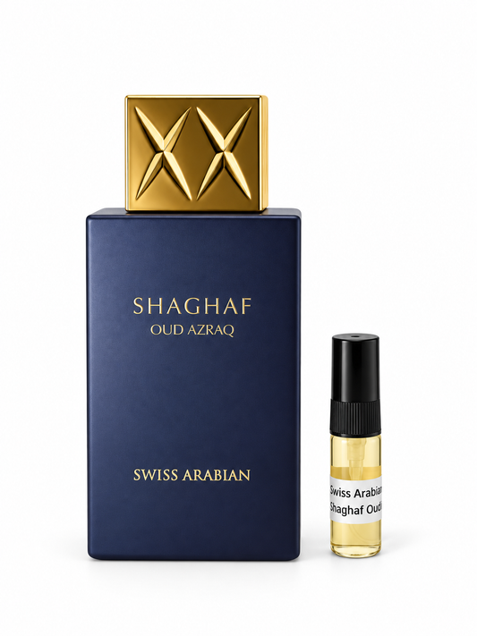 Swiss Arabian Shaghaf Oud Azraq fragrance bottle and black-capped sample vial on white
