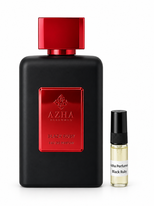 Azha Perfumes Black Ruby fragrance bottle and black-capped sample vial on white