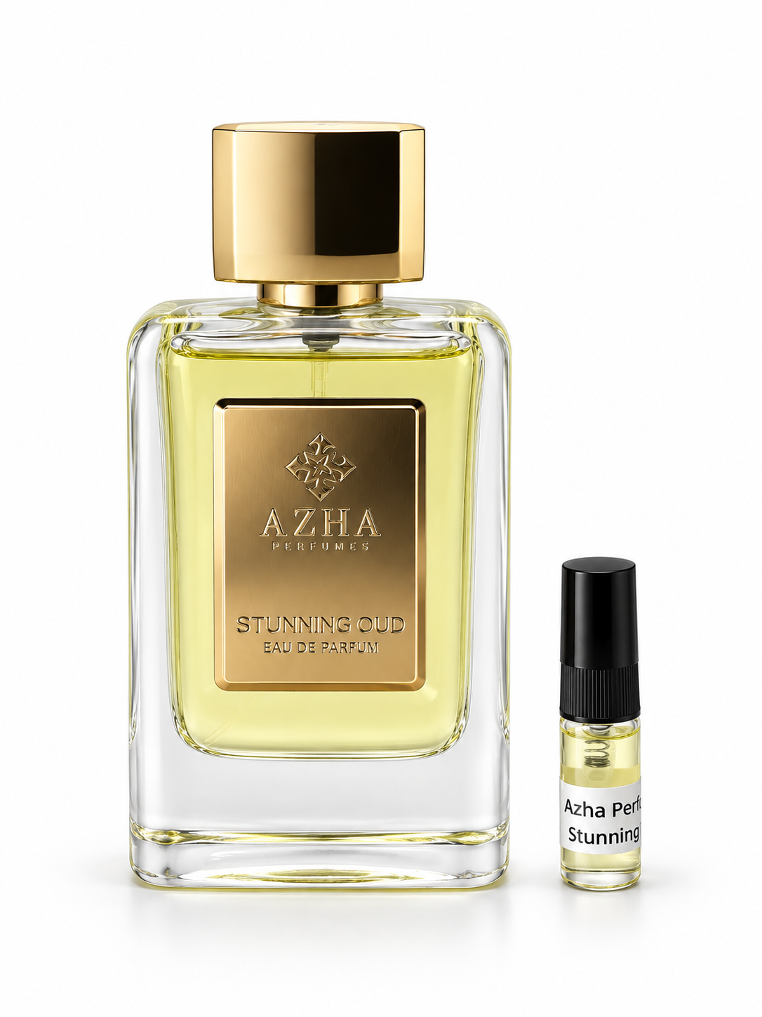 Azha Perfumes Stunning Oud fragrance bottle and black-capped sample vial on white