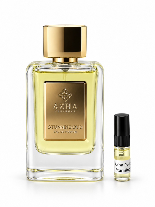 Azha Perfumes Stunning Oud fragrance bottle and black-capped sample vial on white