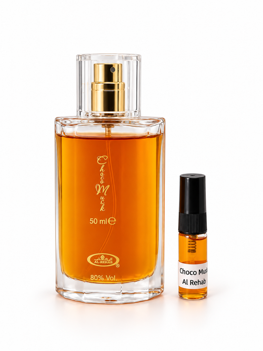 Al Rehab Choco Musk fragrance bottle and black-capped sample vial on white