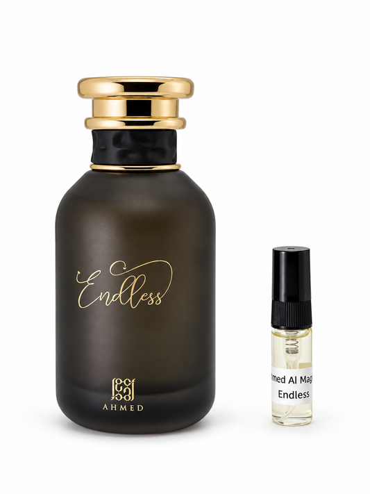 Ahmed Al Maghribi Endless fragrance bottle and black-capped sample vial on white