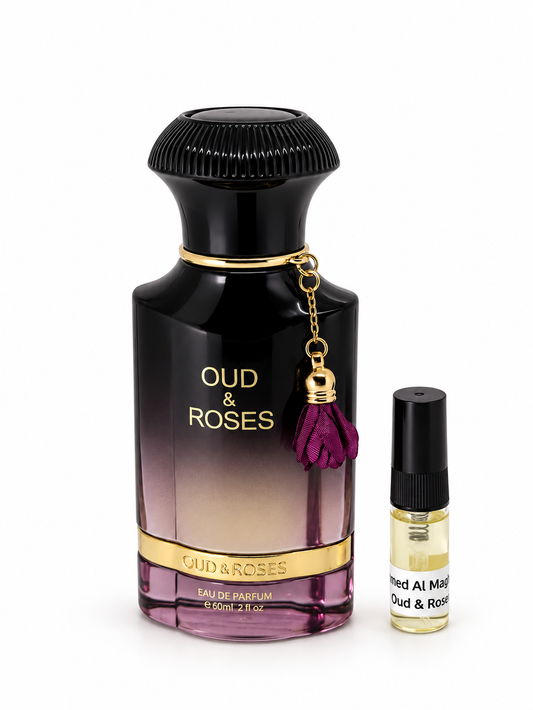 Ahmed Al Maghribi Oud & Rose fragrance bottle and black-capped sample vial on white