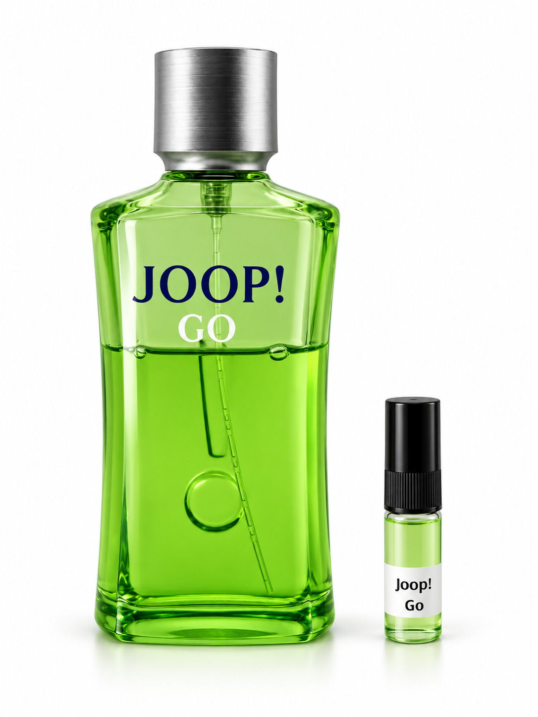 Joop! Go fragrance bottle and black-capped sample vial on white