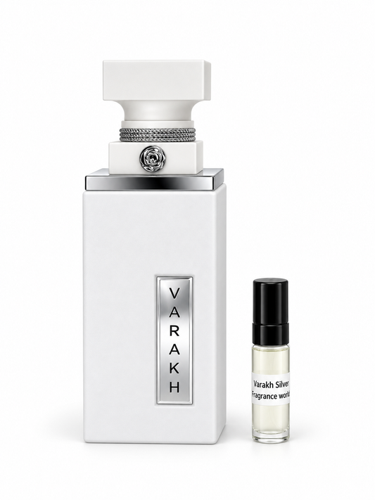 Fragrance World Varakh Silver fragrance bottle and black-capped sample vial on white