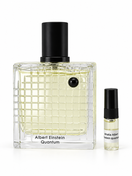 Atralia Albert Einstein Quantum fragrance bottle and black-capped sample vial on white