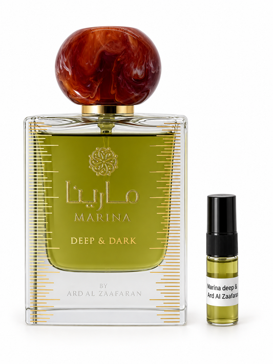 Ard Al Zaafaran Marina Deep & Dark fragrance bottle and black-capped sample vial on white