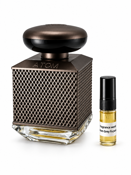 Fragrance World FA Paris  Atom fragrance bottle and black-capped sample vial on white