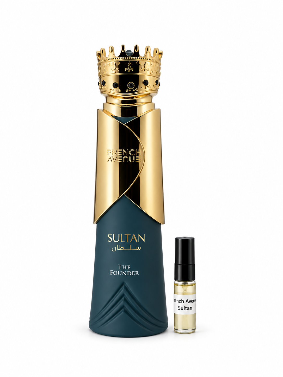 Fragrance World Sultan The Founder fragrance bottle and black-capped sample vial on white