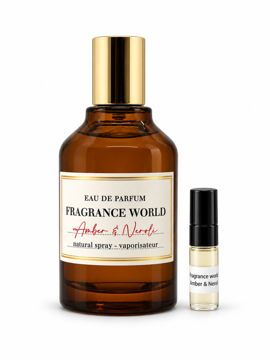 Fragrance World Amber & Neroli fragrance bottle and black-capped sample vial on white