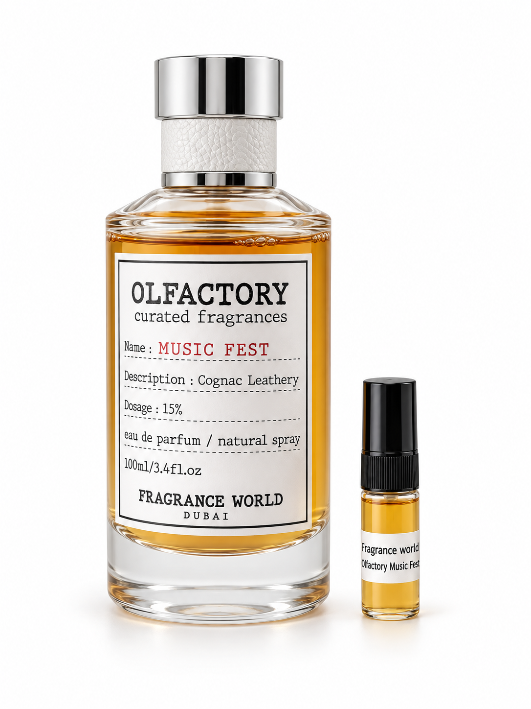 Fragrance World Olfactory Music Fest fragrance bottle and black-capped sample vial on white