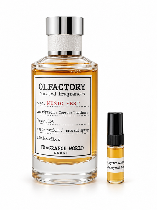 Fragrance World Olfactory Music Fest fragrance bottle and black-capped sample vial on white