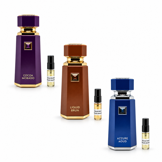 French Avenue Trio discovery set: Cocoa Morado, Liquid Brun and Azzure Aoud with black-capped sample vials on white