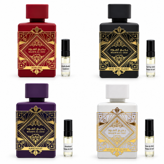 Badee Al Oud 4 Piece Set fragrance bottles and black-capped sample vials on white