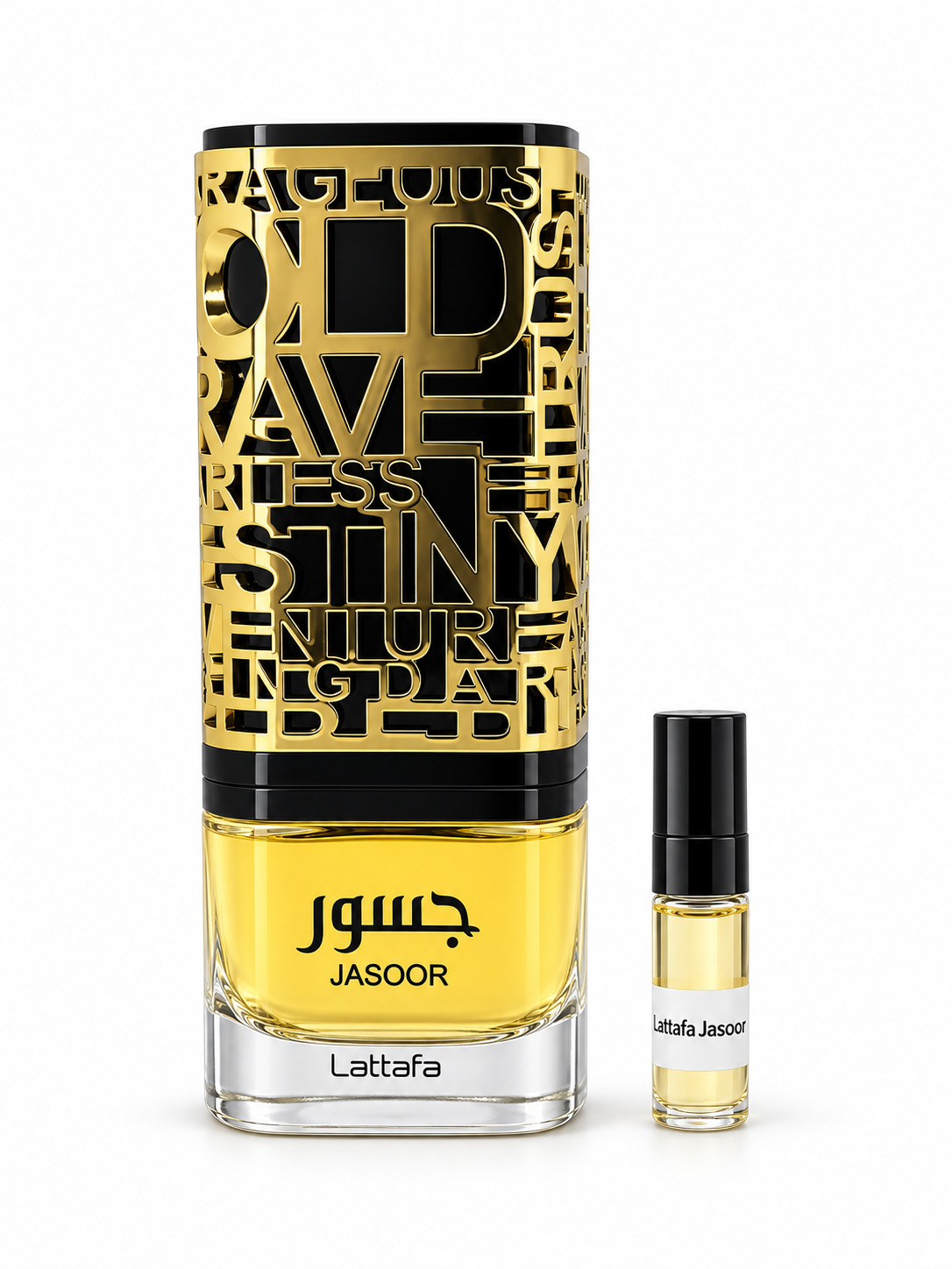 Lattafa Jasoor fragrance bottle and black-capped sample vial on white