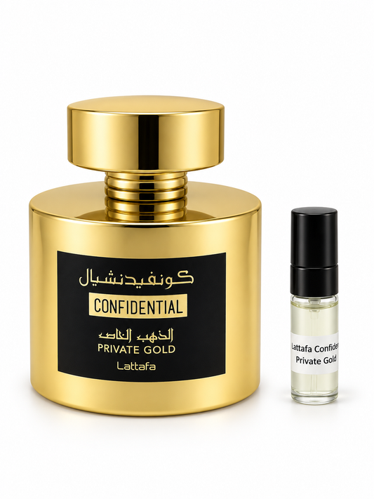Lattafa Confidential Private Gold fragrance bottle and black-capped sample vial on white