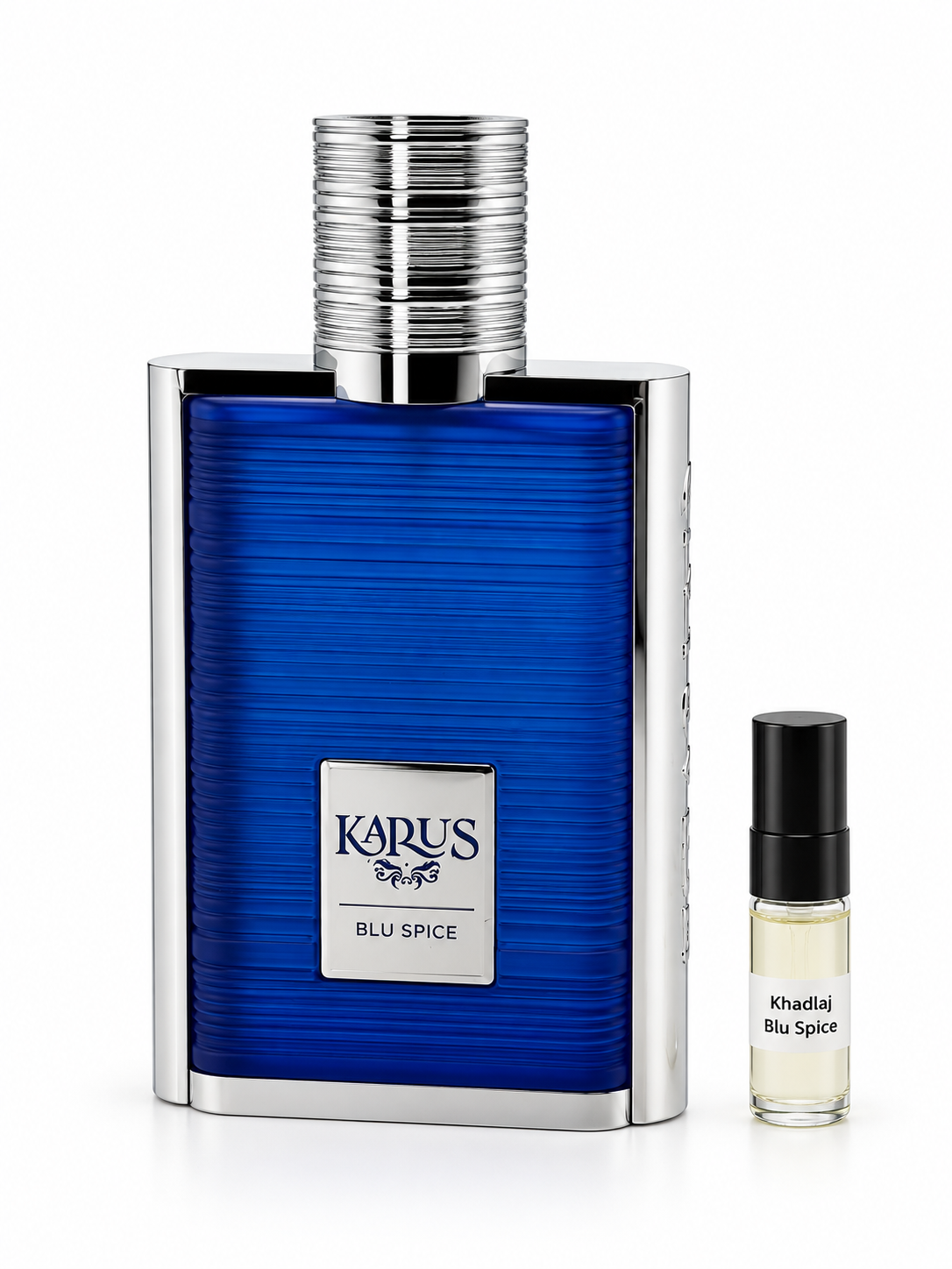 Khadlaj Karus Blu Spice fragrance bottle and black-capped sample vial on white