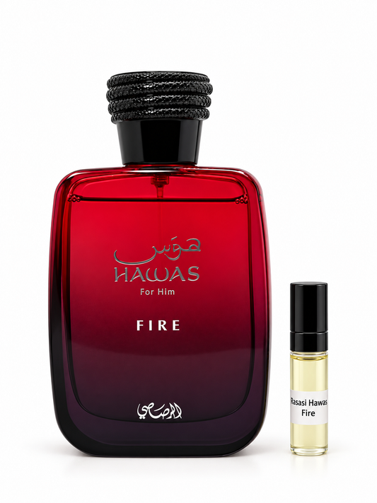 Rasasi Hawas Fire fragrance bottle and black-capped sample vial on white