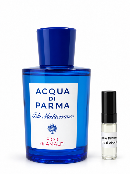 Acqua Di Parma Fico Di Amalfi fragrance bottle and black-capped sample vial on white