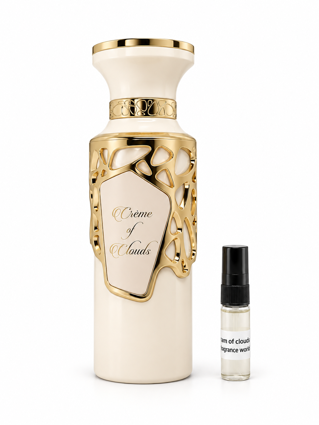 Fragrance World Creme of Clouds fragrance bottle and black-capped sample vial on white