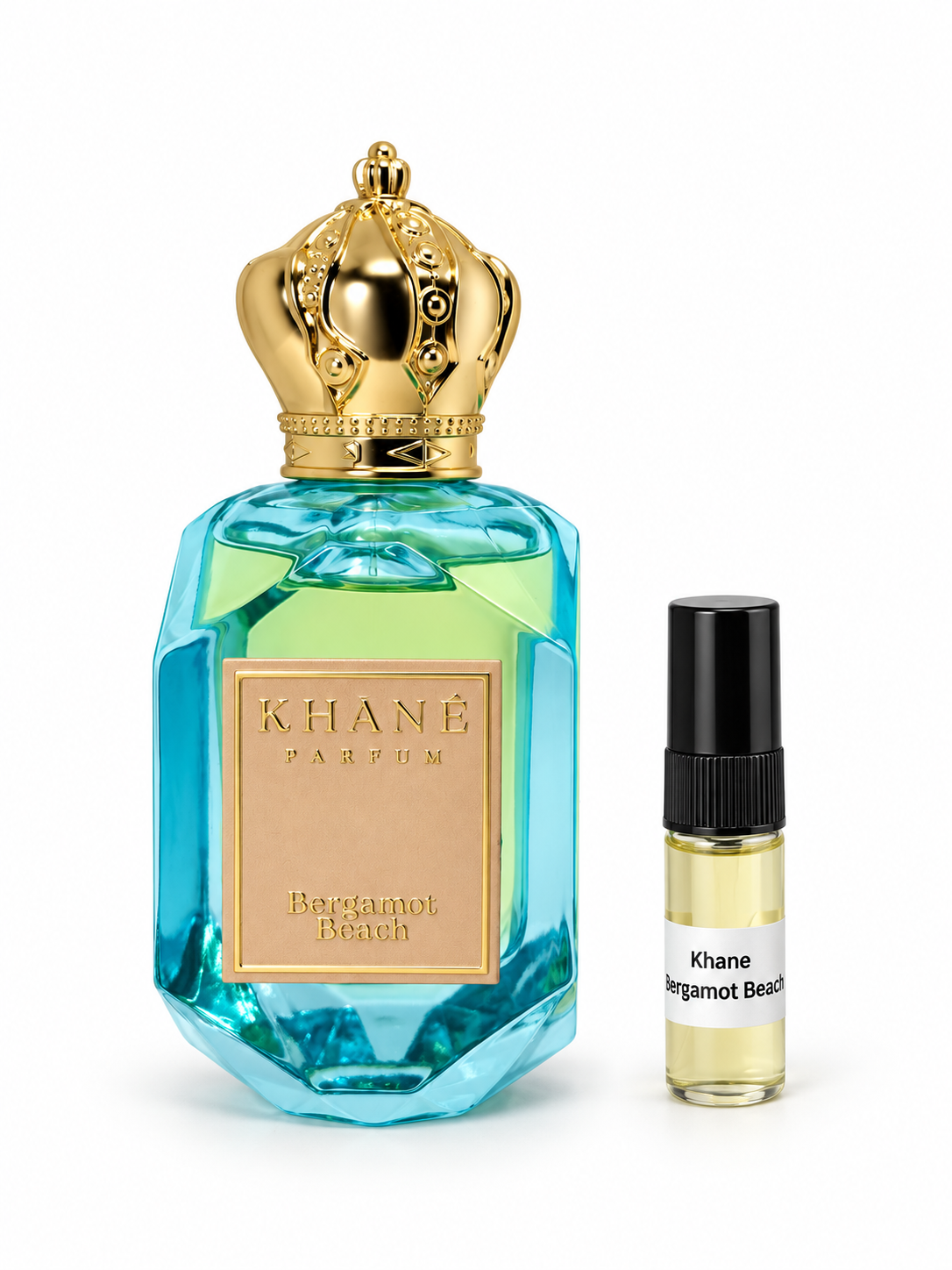 Khane Perfumes Bergamot Beach fragrance bottle and black-capped sample vial on white