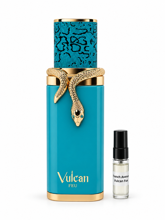 French Avenue Vulcan Fue fragrance bottle and black-capped sample vial on white