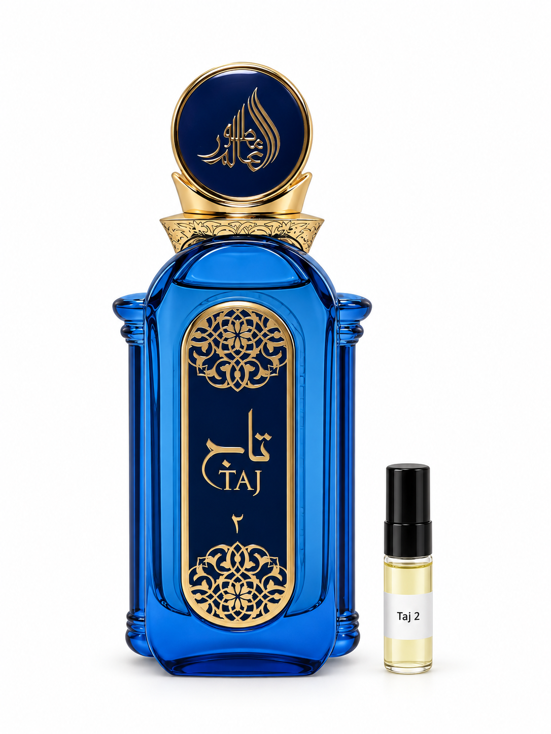 Fragrance World Taj 2 fragrance bottle and black-capped sample vial on white